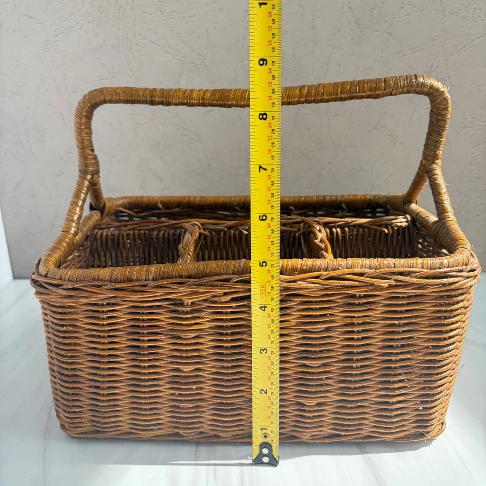 Vintage Wicker Utensil Caddy Handwoven Silverware Napkin Holder Brown Basket